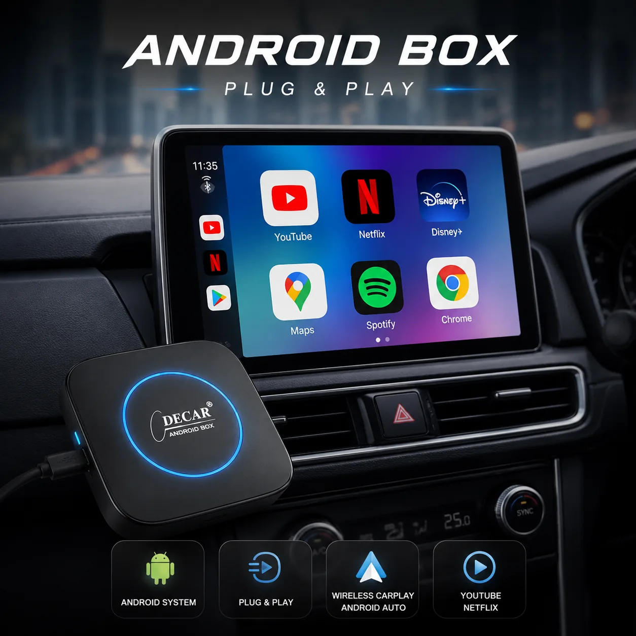 กล่องแอนดรอย Android Box Plug & Play เชื่อมต่อ CarPlay Android Auto